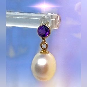 Freshwater Cultured Pearl Drop Earrings w/Natural Amethyst Accents